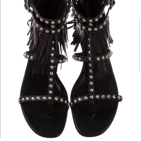 Yves Saint Laurent Shoes - YSL Studded Fringe Leather Flat Sandal Black size 37 1/2